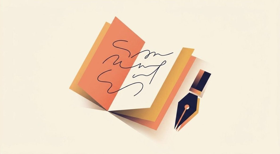 Abstract illustration of an open notebook and pen representing blog writing