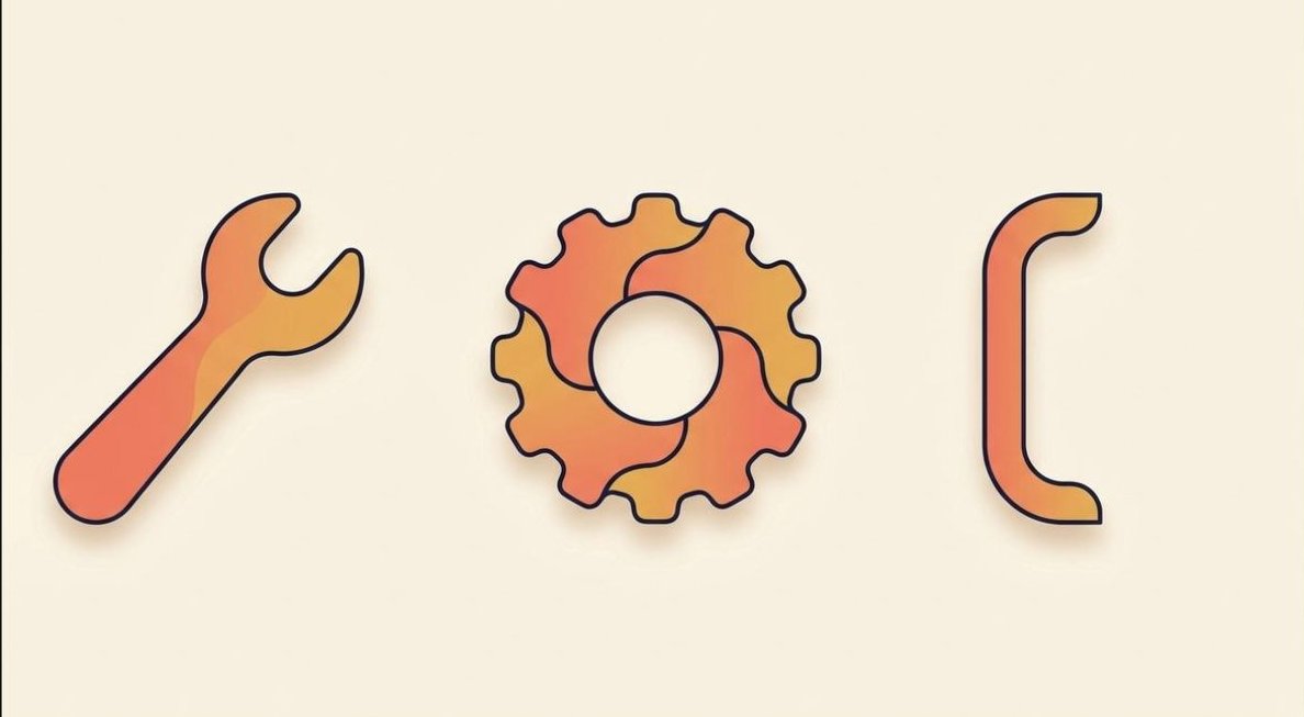 Abstract illustration of a wrench, gear and bracket representing a curated toolkit